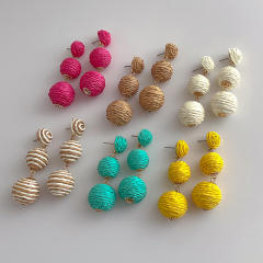 Boho handmade coloful straw ball holiday earrings