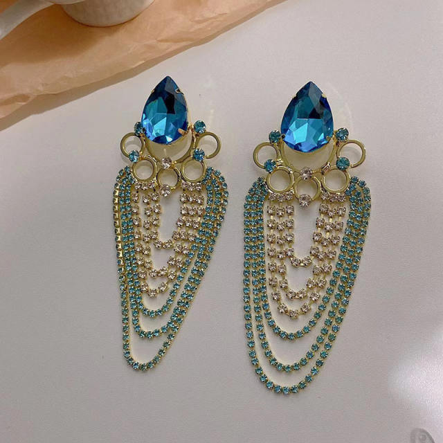 Luxury blue glass crstal tassel dangle earrings