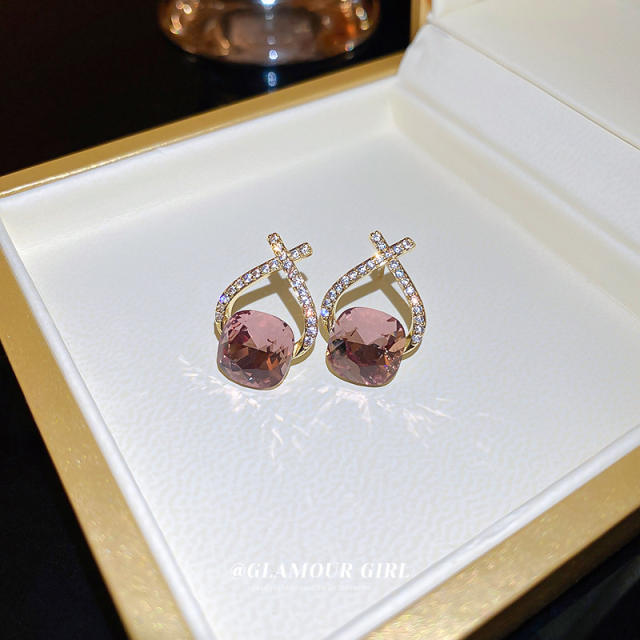 Pink color cubic zircon diamond ear studs