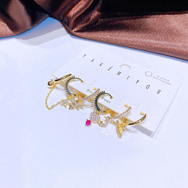 Real gold plated cute star moon bee heart diamond huggie earrings set