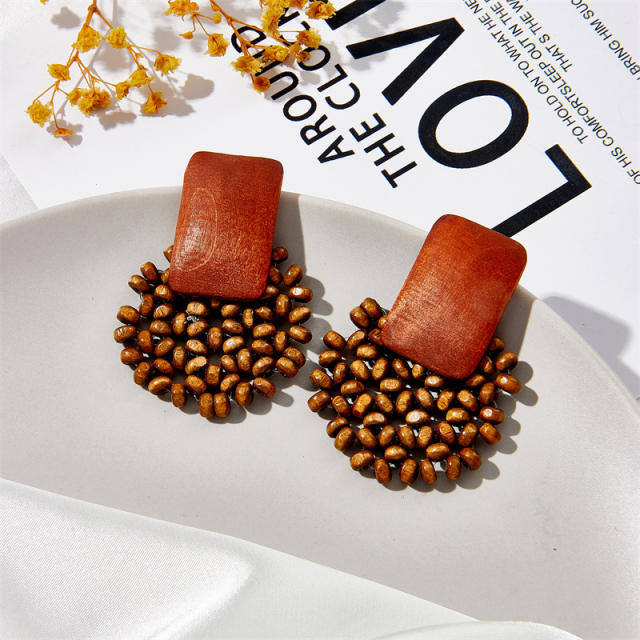 Geometric wood beaded vintage earrings
