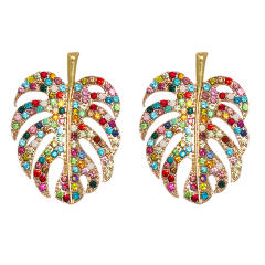 Color rhinestone leaf design earrings