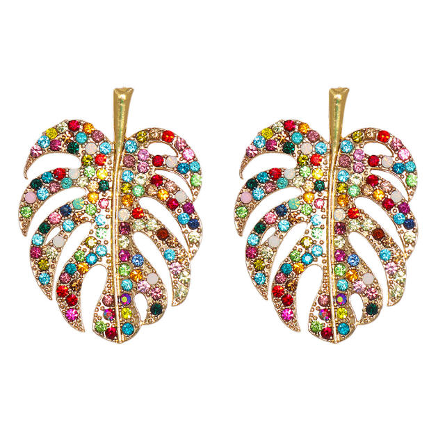 Color rhinestone leaf design earrings