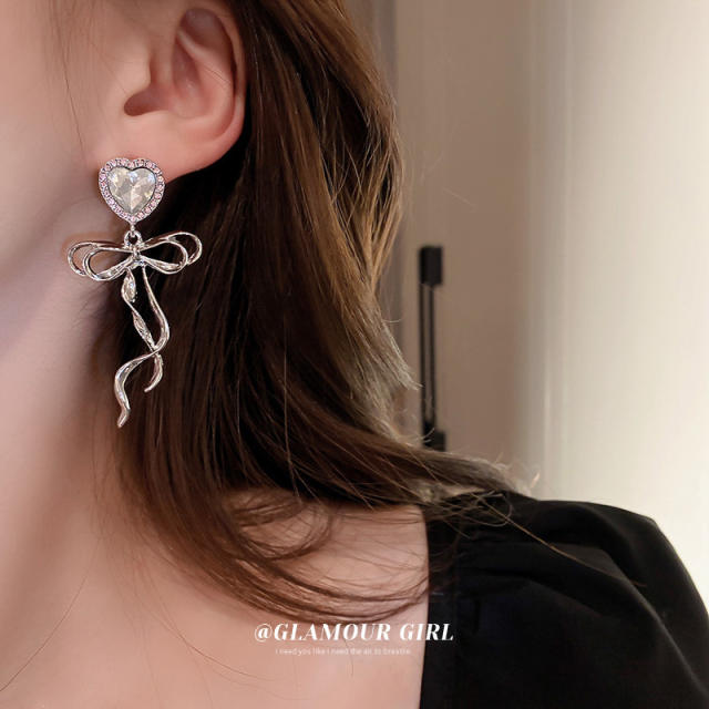 INS design diamond heart bow dangle earrings