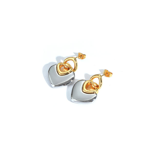 Top quality two tone real gold plated heart earrings