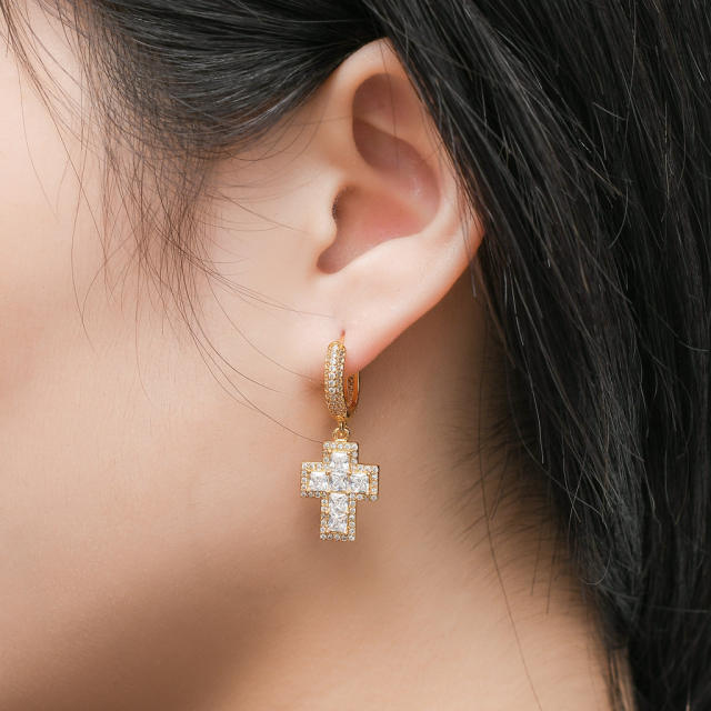 Hip hop zircon cross pendant earrings