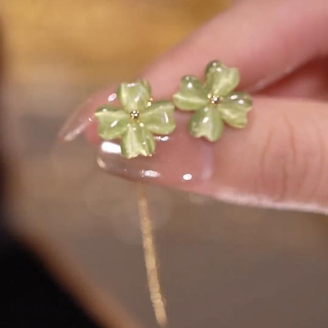 Green color opal stone clover design rotatabale ear studs necklace rings