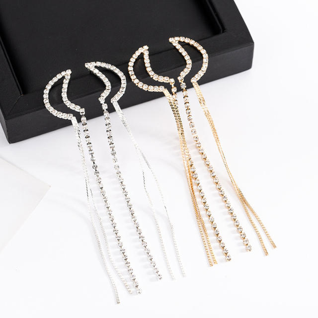 Korean fashion rhinestone moon long tassel earrings