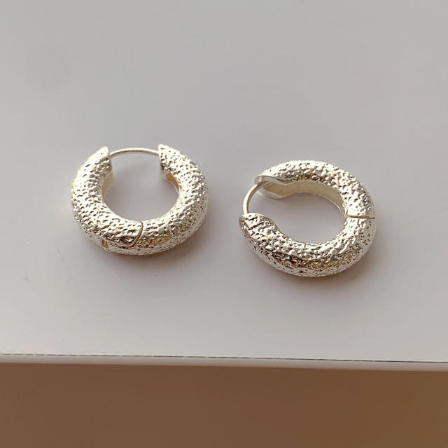 INS vintage metal pattern real gold plated huggie earrings