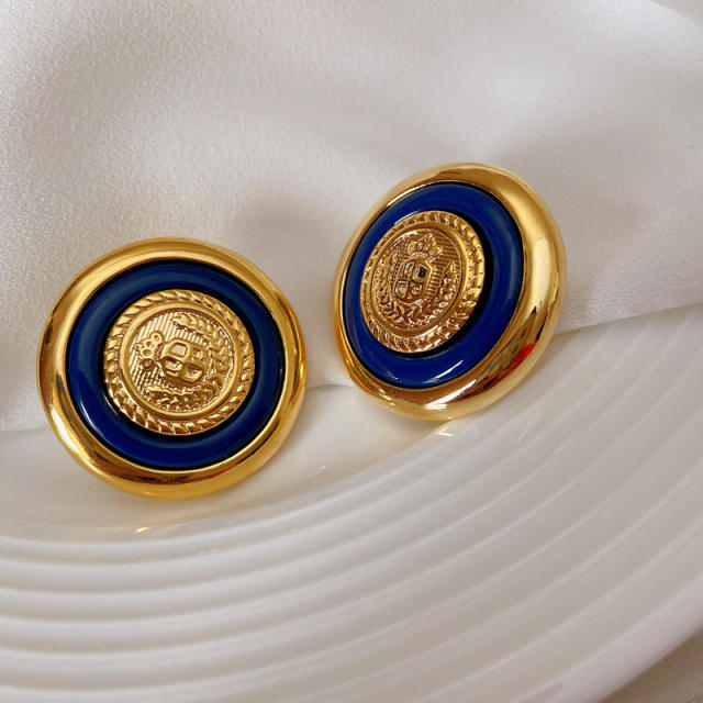 Vintage metal button blue badge ear studs