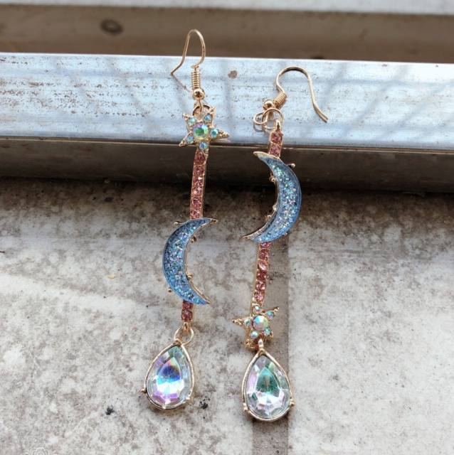 Asymmetric blue moon star earrings