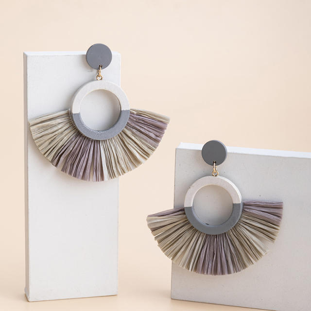 Boho summer colorful straw fan shape earrings