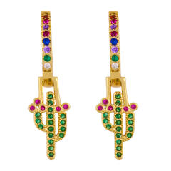 Rainbow color zircon setting The cactus copper huggie earrings