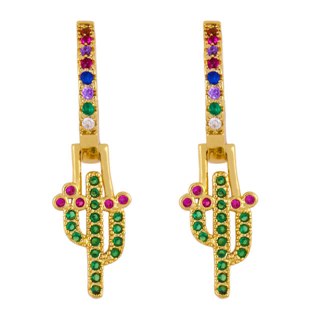 Rainbow color zircon setting The cactus copper huggie earrings