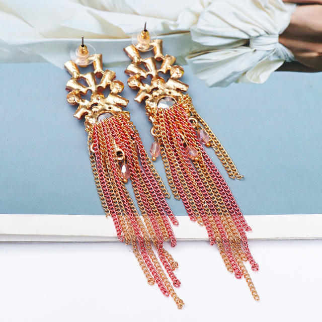 Boho pink color chain tassel glass crystal long earrings
