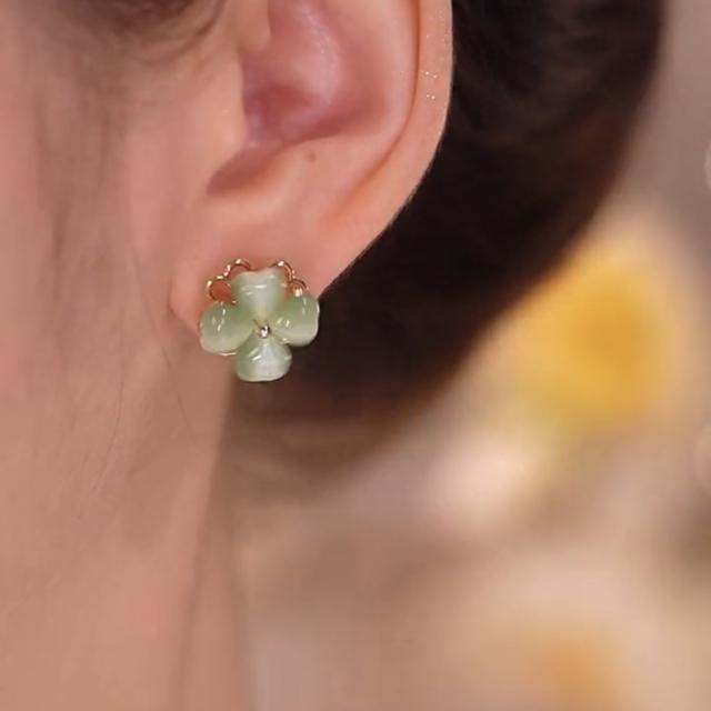 Green color opal stone clover design rotatabale ear studs necklace rings
