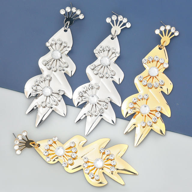 Rhinestone leaf shape chunky earrings