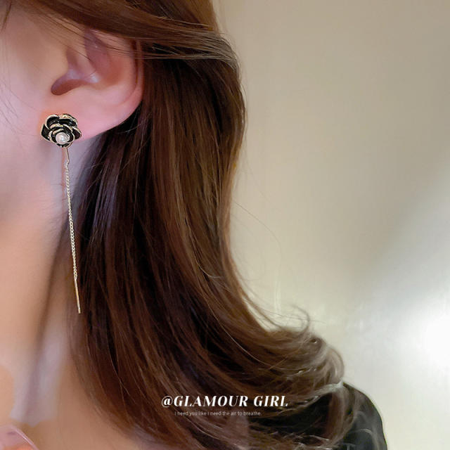 Enamel camellia threader earrings