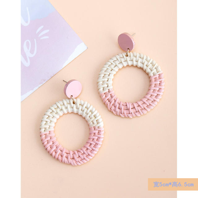 Boho contrast color straw ring dangle earrings for women