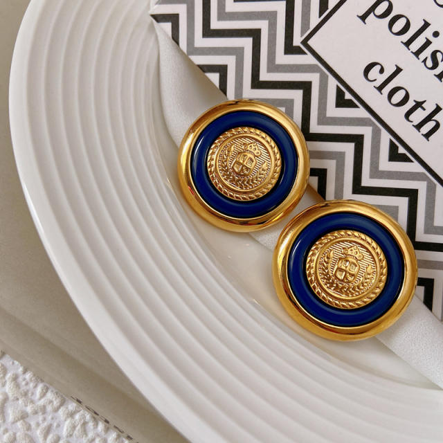 Vintage metal button blue badge ear studs