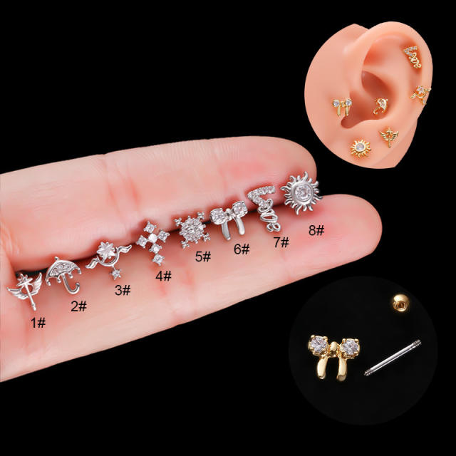Stainless steel needle cubic zircon butterfly bow tiny ear studs