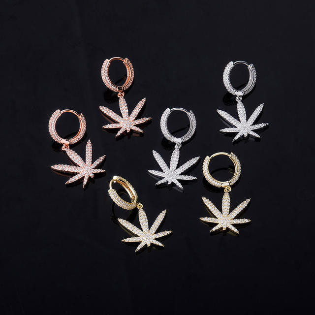 Hip hop zircon maple leaf earrings