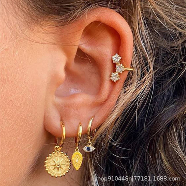 Vintage evil eye coin charm huggie earrings