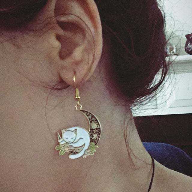 Cute enamel sleeping cat moon earrings