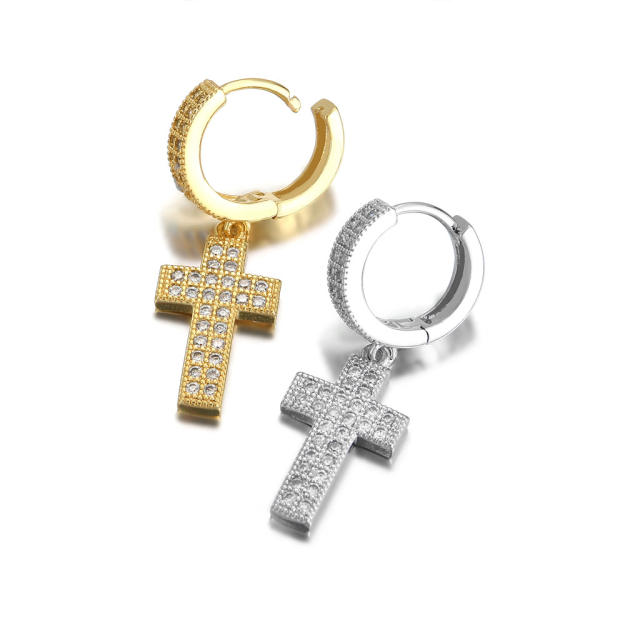 Hip hop zircon cross pendant earrings