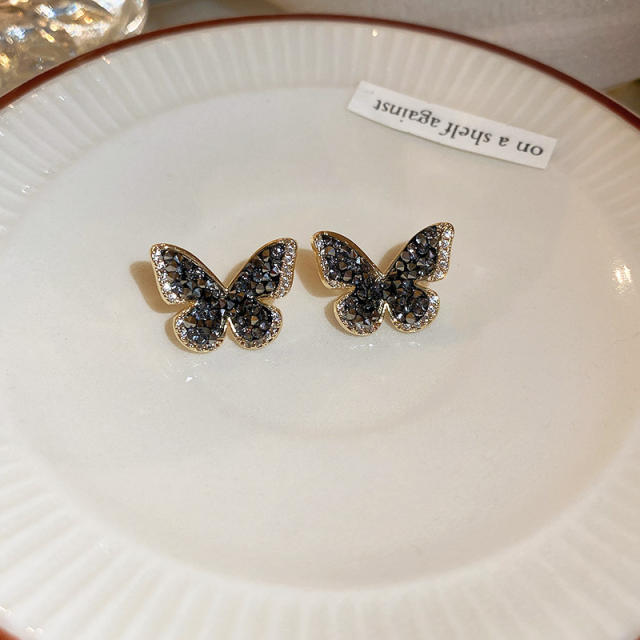 Black rhinestone setting butterfly ear studs