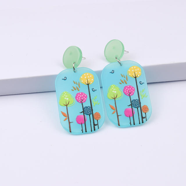 Cute tree deer square acrylic dangle earrings