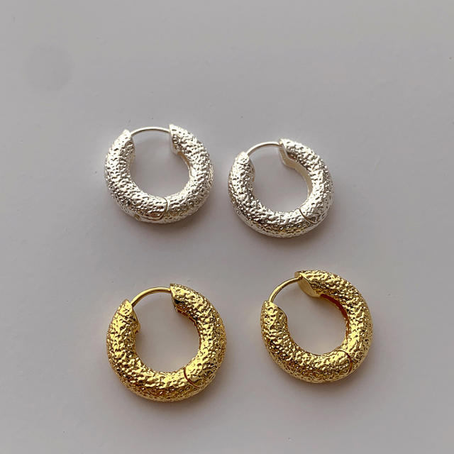 INS vintage metal pattern real gold plated huggie earrings