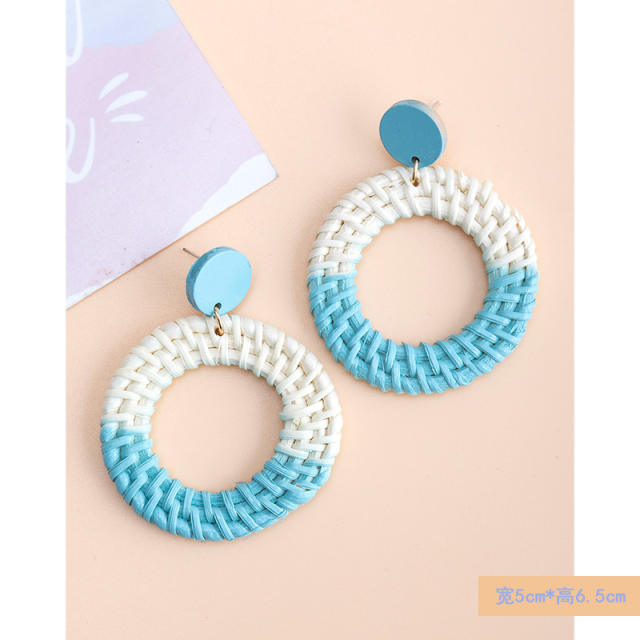 Boho contrast color straw ring dangle earrings for women