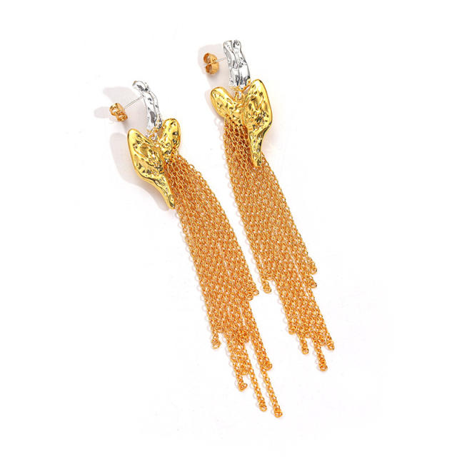 Irregular shape heart chain tassel two tone earrings