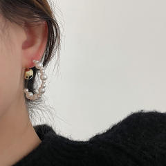 925 needle pearl beaded openning hoop earrings