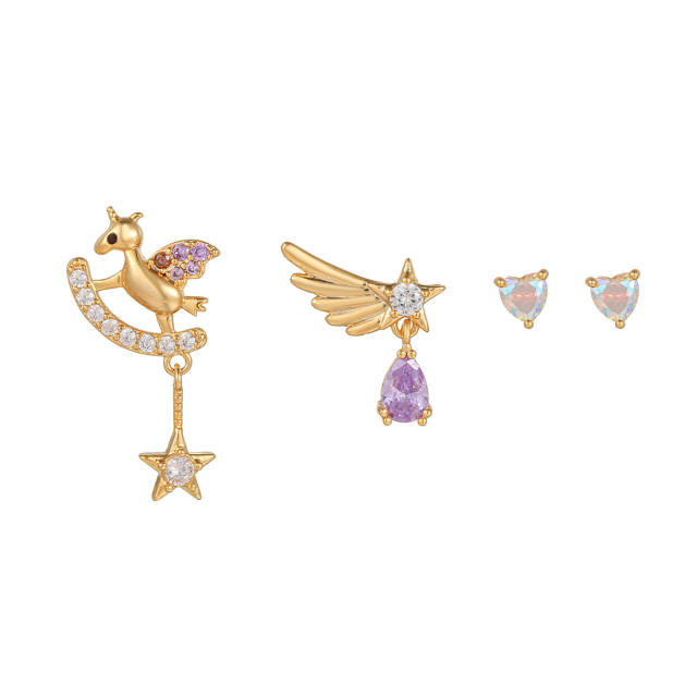 Korean angel wings Trojan love heart stud earrings set