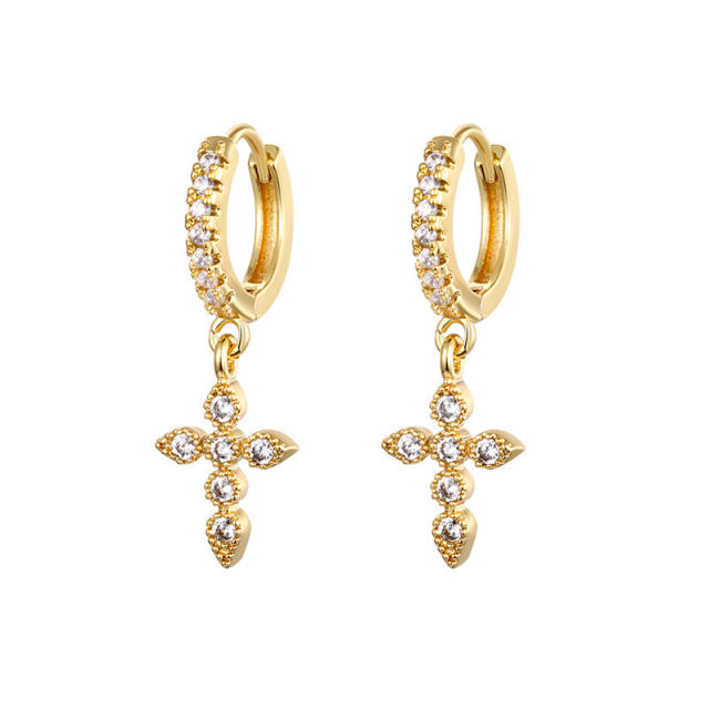 Rhinestone flash cross tiny huggie earrings