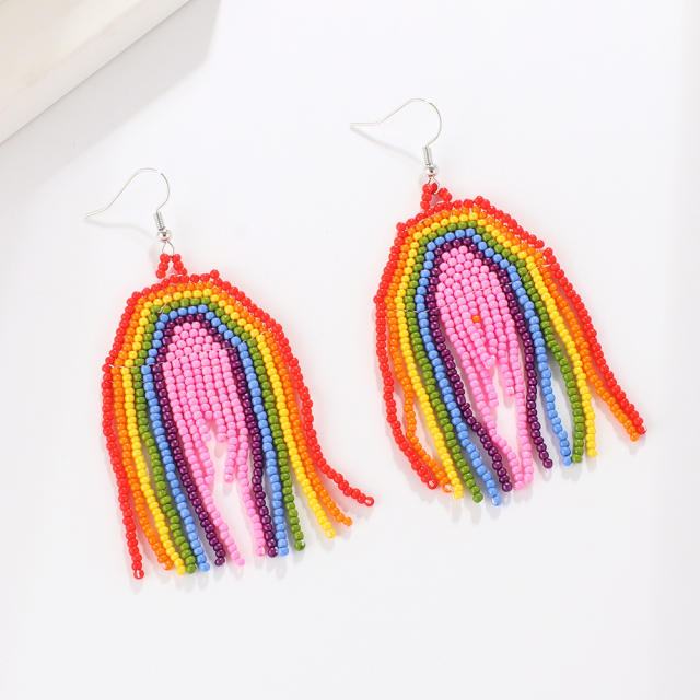 Boho seed beads tassel rainbow earrings