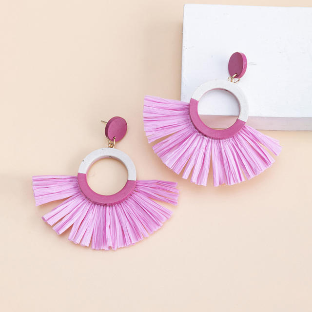 Boho summer colorful straw fan shape earrings