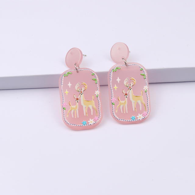 Cute tree deer square acrylic dangle earrings