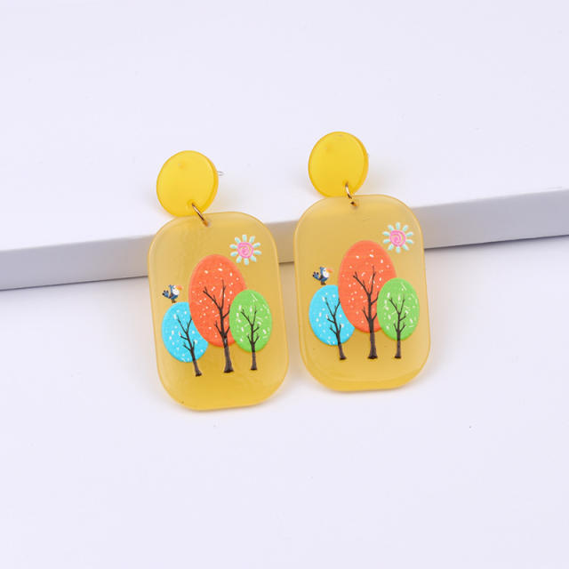 Cute tree deer square acrylic dangle earrings