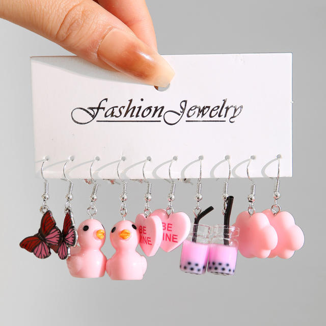 Cute pink color duck cloud acrylic earrings set