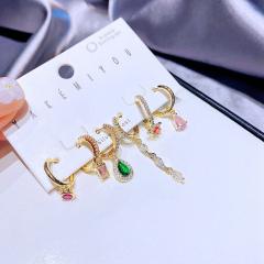 Color cubic zircon real gold plated huggie earrings set