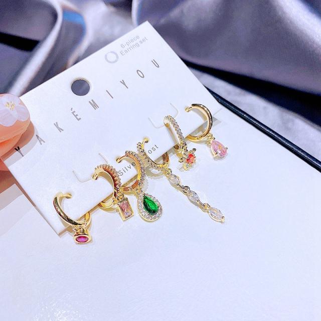 Color cubic zircon real gold plated huggie earrings set