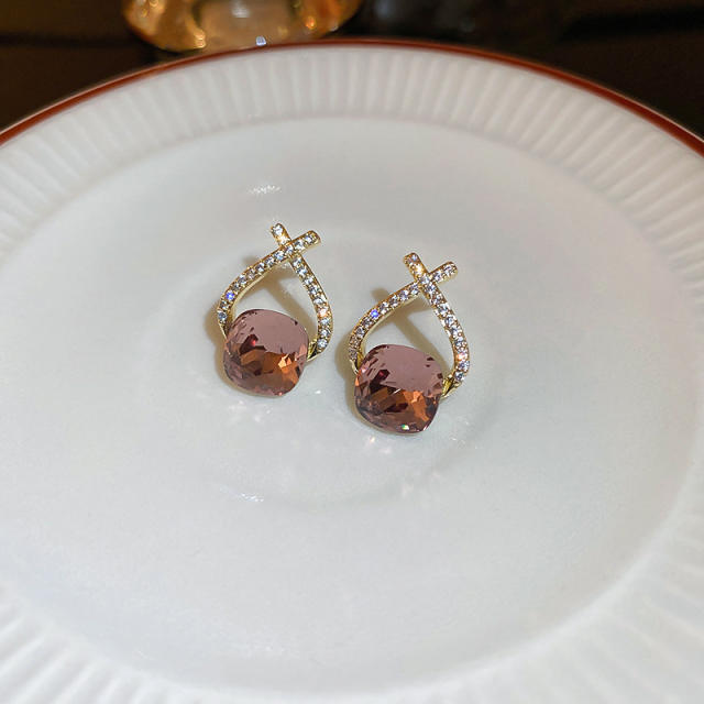 Pink color cubic zircon diamond ear studs