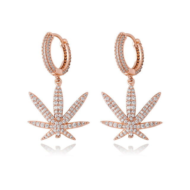 Hip hop zircon maple leaf earrings