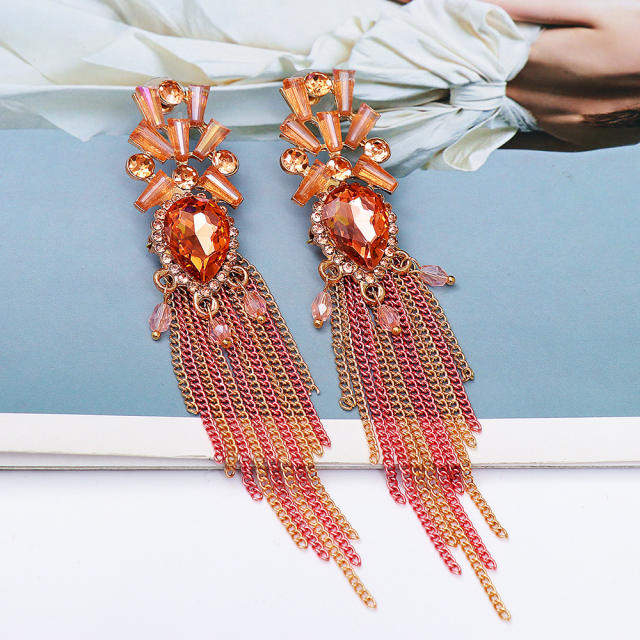 Boho pink color chain tassel glass crystal long earrings