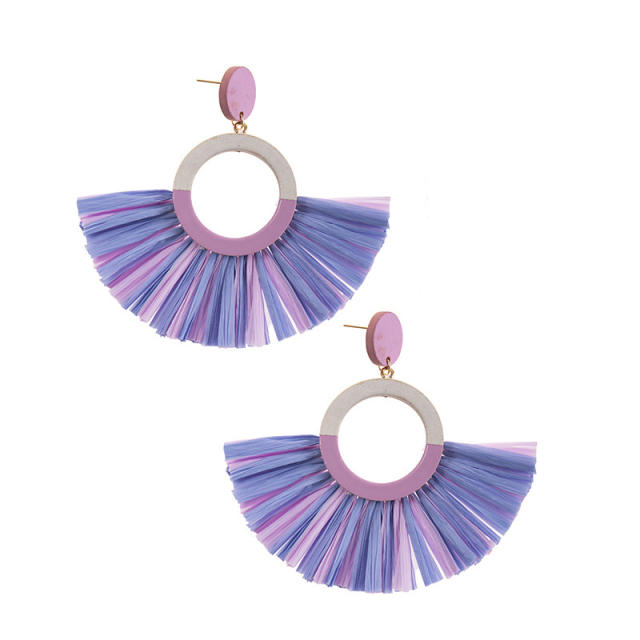 Boho summer colorful straw fan shape earrings