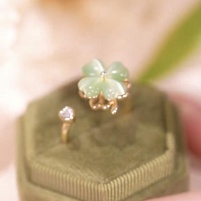 Green color opal stone clover design rotatabale ear studs necklace rings