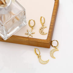 Rhinestone moon star 18KG copper huggie earrings